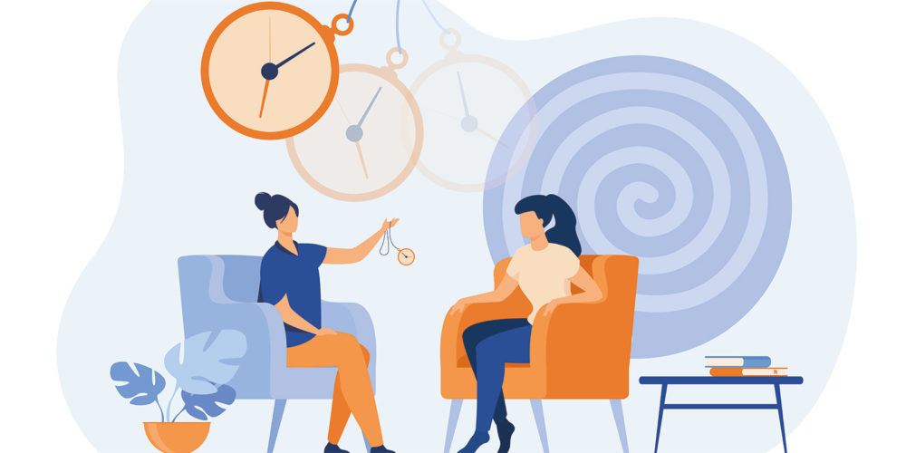 Hypnose Grafik mit zwei Frauen auf Sesseln, die eine Frau hypnotisiert die andere mit einem Pendel